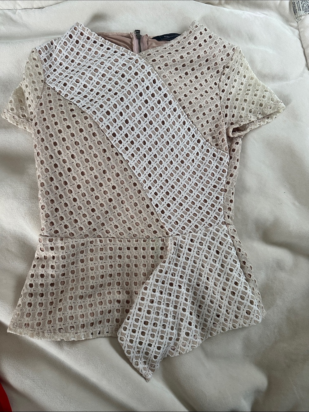 BCBGMaxAzria Beige Eyelet Peplum Top with White Accent